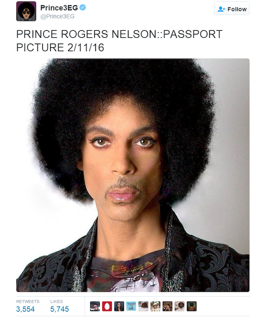 Prince passport photo

This photo is a picture a tweet by the account Prince3EG with caption that states: Prince Rogers Nelson::Passport Picture 2/11/16 and attached to the tweet is a photo of the passport photo of music icon Prince.