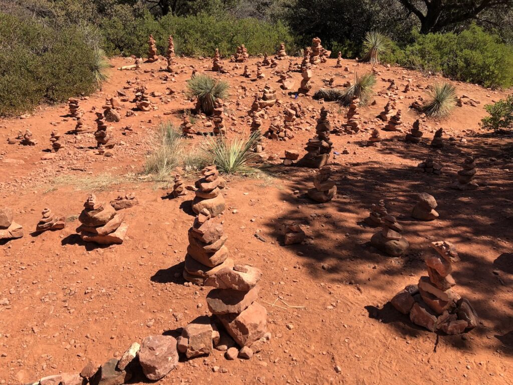 Multiple Cairns placed near the Bell Rock Pathway in Sedona, Arizona.